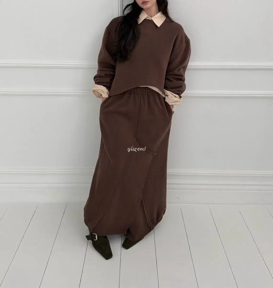 オープンパンツ バンディング ロング丈スカート ブラウン