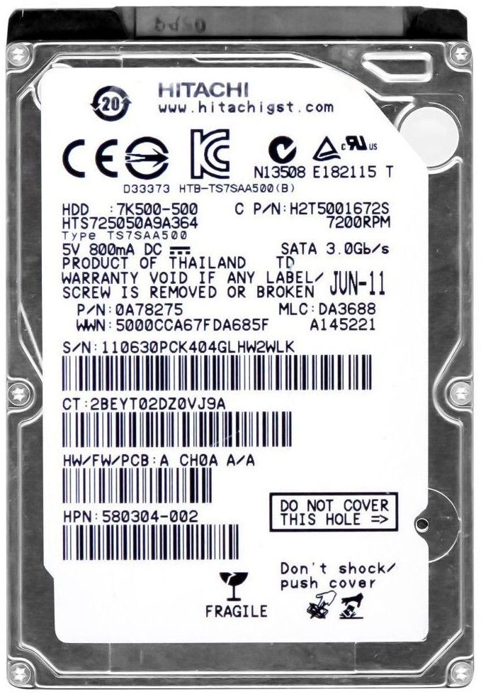 3年保証 Hard Drive Hitachi Travelstar 7 K 500 GB 7.2 16 MB SATA II