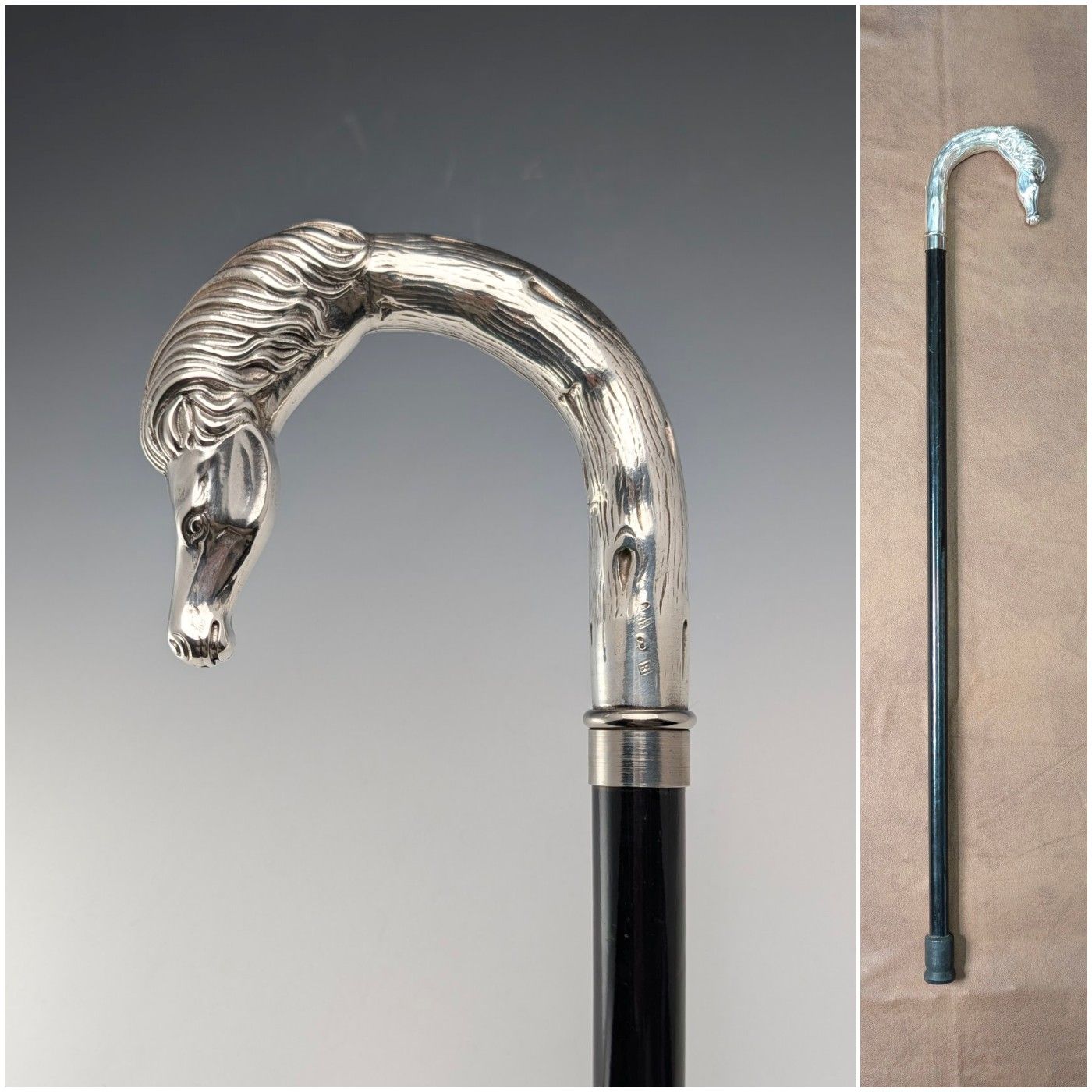イタリアンヴィンテージ ブラックシャフト 純銀ホースヘッドハンドル ステッキ 杖 82 cm