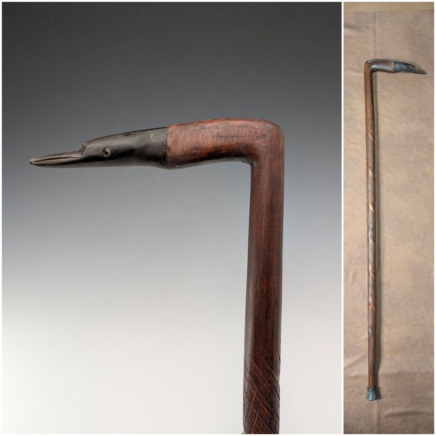 ヴィンテージ 彫刻ブラウンシャフト ヘロンヘッドハンドル ステッキ 杖 91 cm