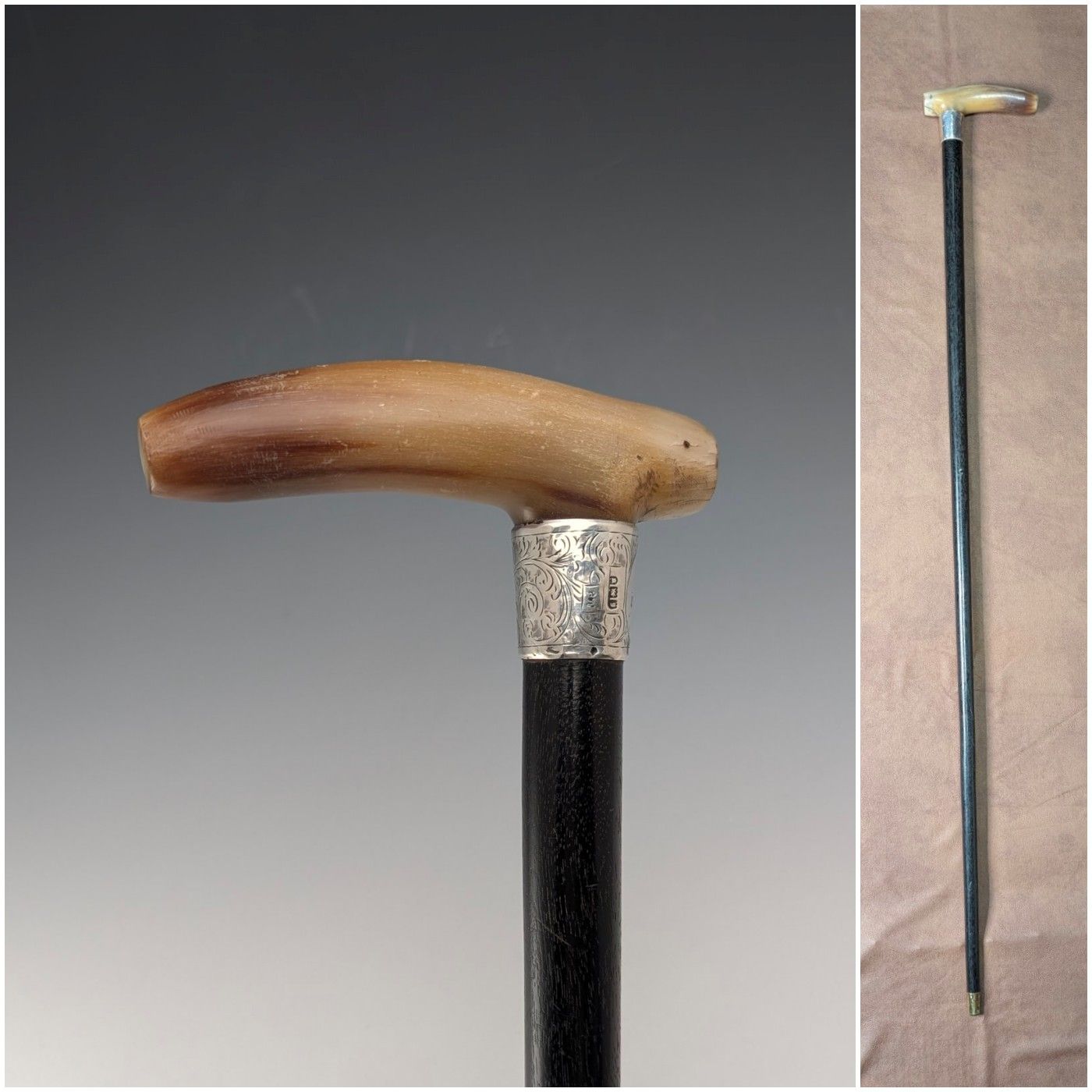 1904年 英国アンティーク ブラックシャフト ホーンクラッチハンドル 純銀装飾 ステッキ 杖 90 cm