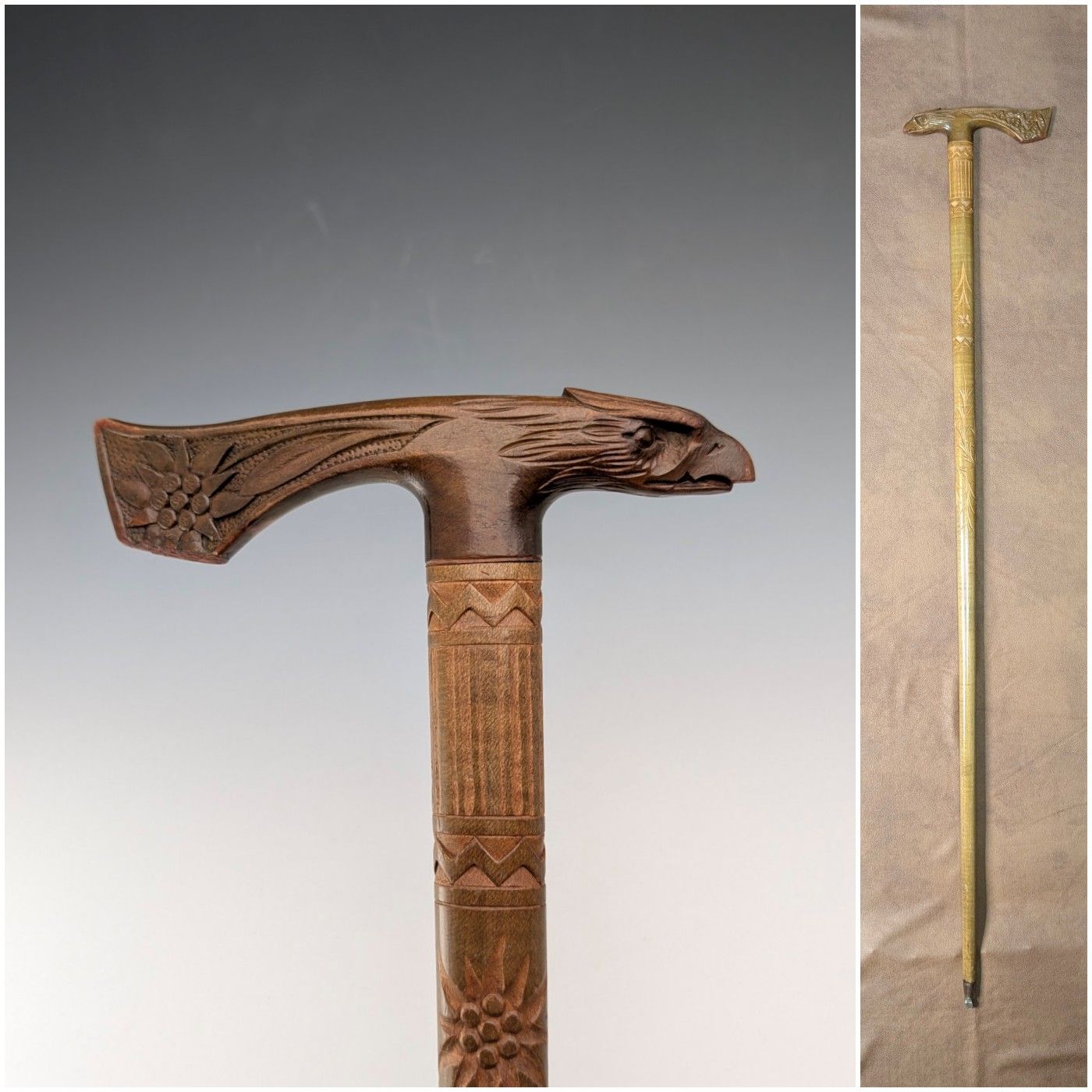ヴィンテージ 彫刻ブラウンシャフト イーグルヘッドハンドル ステッキ 杖 90 cm