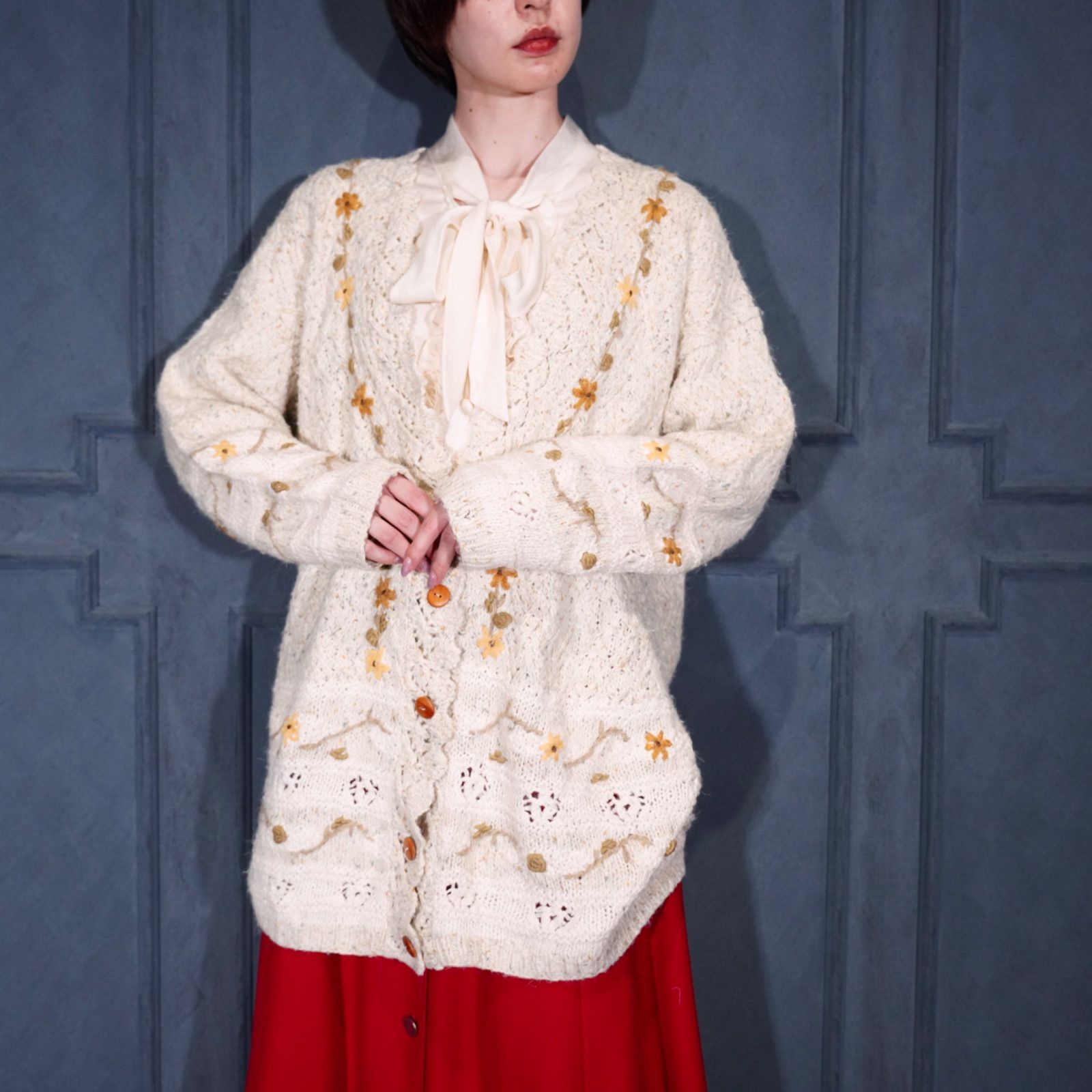 USA VINTAGE CASUAL ELLEMENTS FLOWER EMBROIDERY RABBIT FUR ANGORA BREND WOOL KNIT CARDIGAN アメリカ古着お花刺繍デザインラビットファーアンゴラ混ウールニットカーディガン