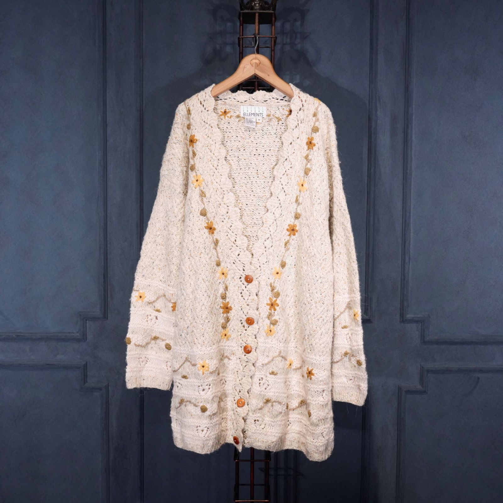  USA VINTAGE CASUAL ELLEMENTS FLOWER EMBROIDERY RABBIT FUR ANGORA BREND WOOL KNIT CARDIGAN アメリカ古着お花刺繍デザインラビットファーアンゴラ混ウールニットカーディガン 長袖 カーディガン ボレロ アンサンブル