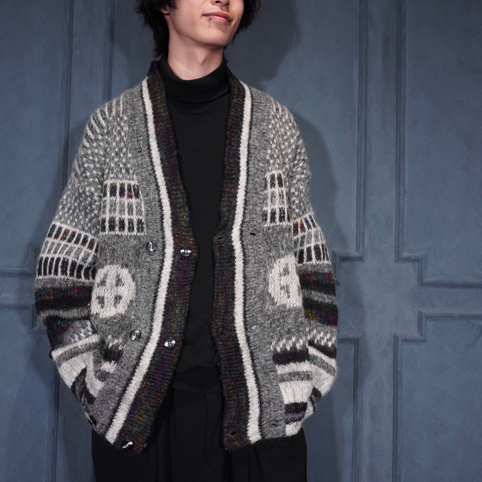 EU VINTAGE PATTERNED DESIGN DOUBLE KNIT JACKET ヨーロッパ古着柄デザインダブルニットジャケット カーディガン