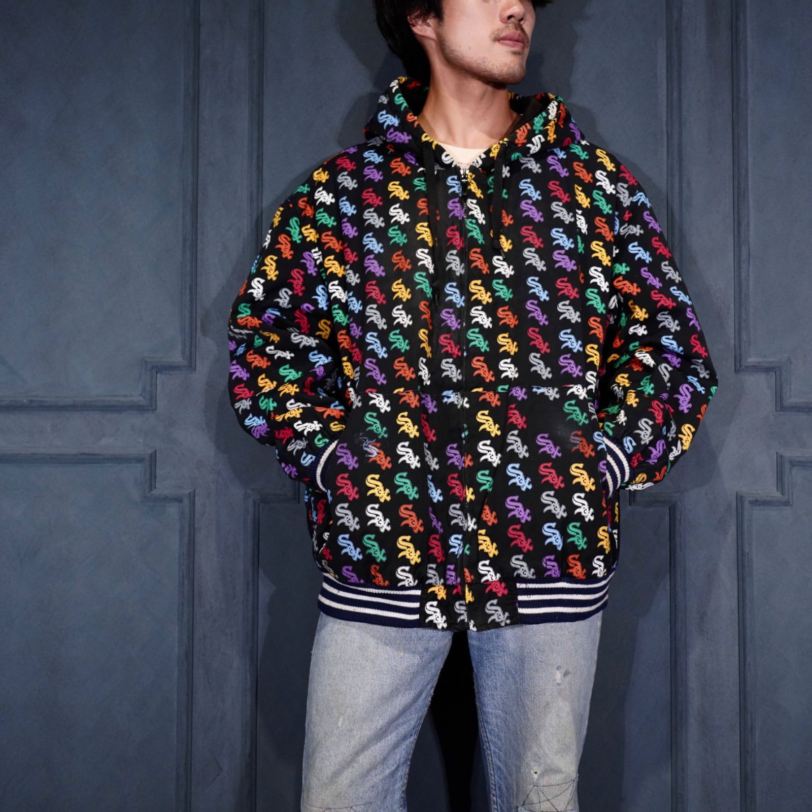 USA VINTAGE MERCHANDISE MLB Chicago White Sox LOGO PATTERNED DESIGN ZIP UP HOODIE アメリカ古着ロゴ柄デザインジップアップフーディ パーカー