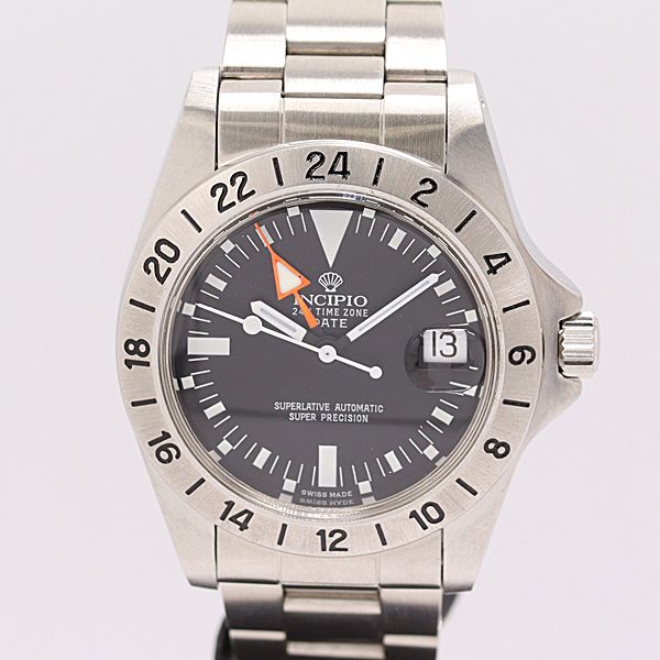 稼働 インキピオ 24 Hタイムゾーンデイト 316 L AT 自動巻き 黒文字盤 メンズ腕時計 0577500 12 NBT MTY