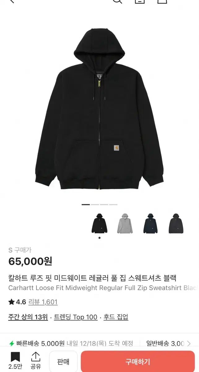 Carhartt カーハート フードジップアップ ブラック s
