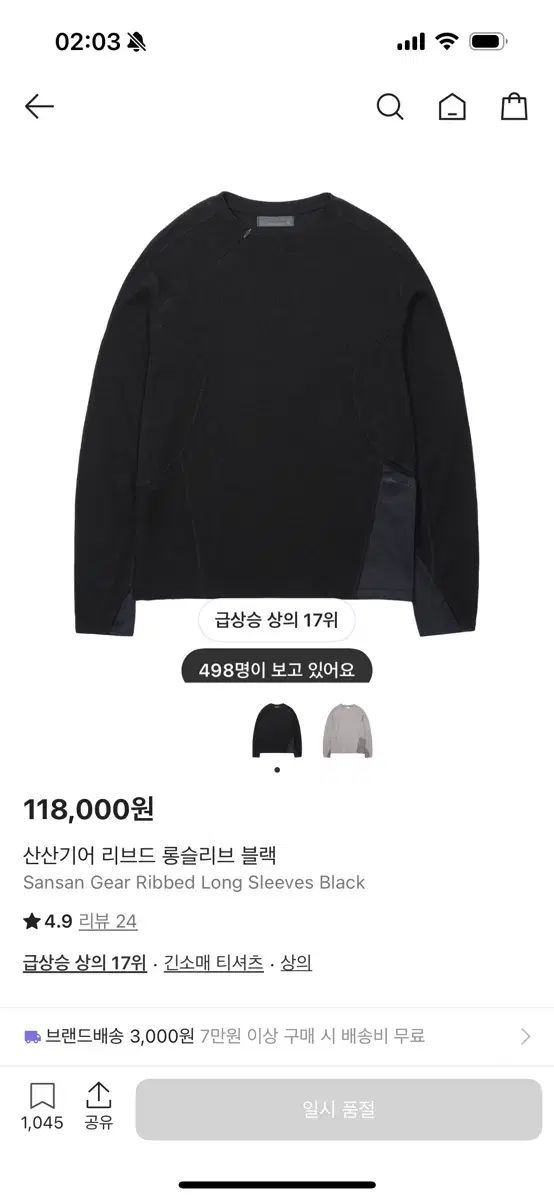 サンサンギアー リブド ロングスリーブ ブラック 2