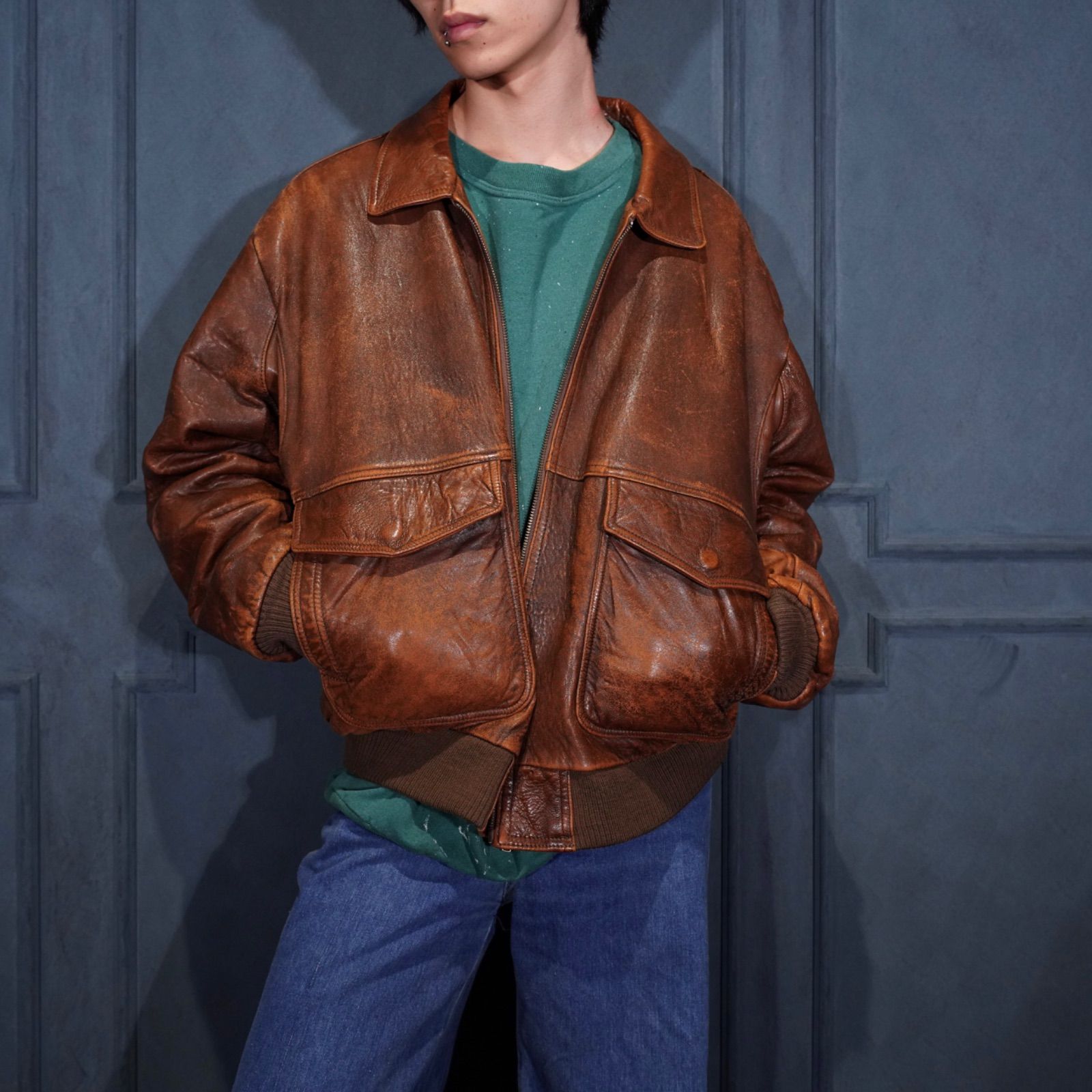 USA VINTAGE NAK FADED DESIGN ZIP UP LEATHER BLOUSON アメリカ古着フェードデザインジップアップレザーブルゾン