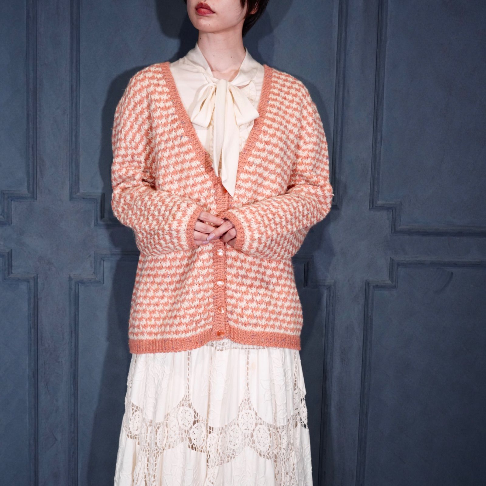 USA VINTAGE BIRDS EYE LIKE DESIGN COTTON KNIT CARDIGAN アメリカ古着バーズアイ風コットンニットカーディガン