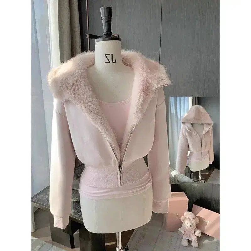 予約 リバーシブル 姫ギャル ピンク フェイクファー カラ クロップド 起毛 ジャケット