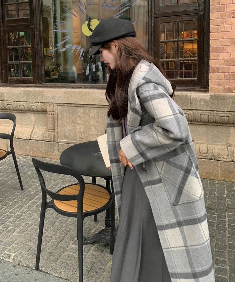 送料無料】トグルボタン ロングコート チェック柄コート ビッグ