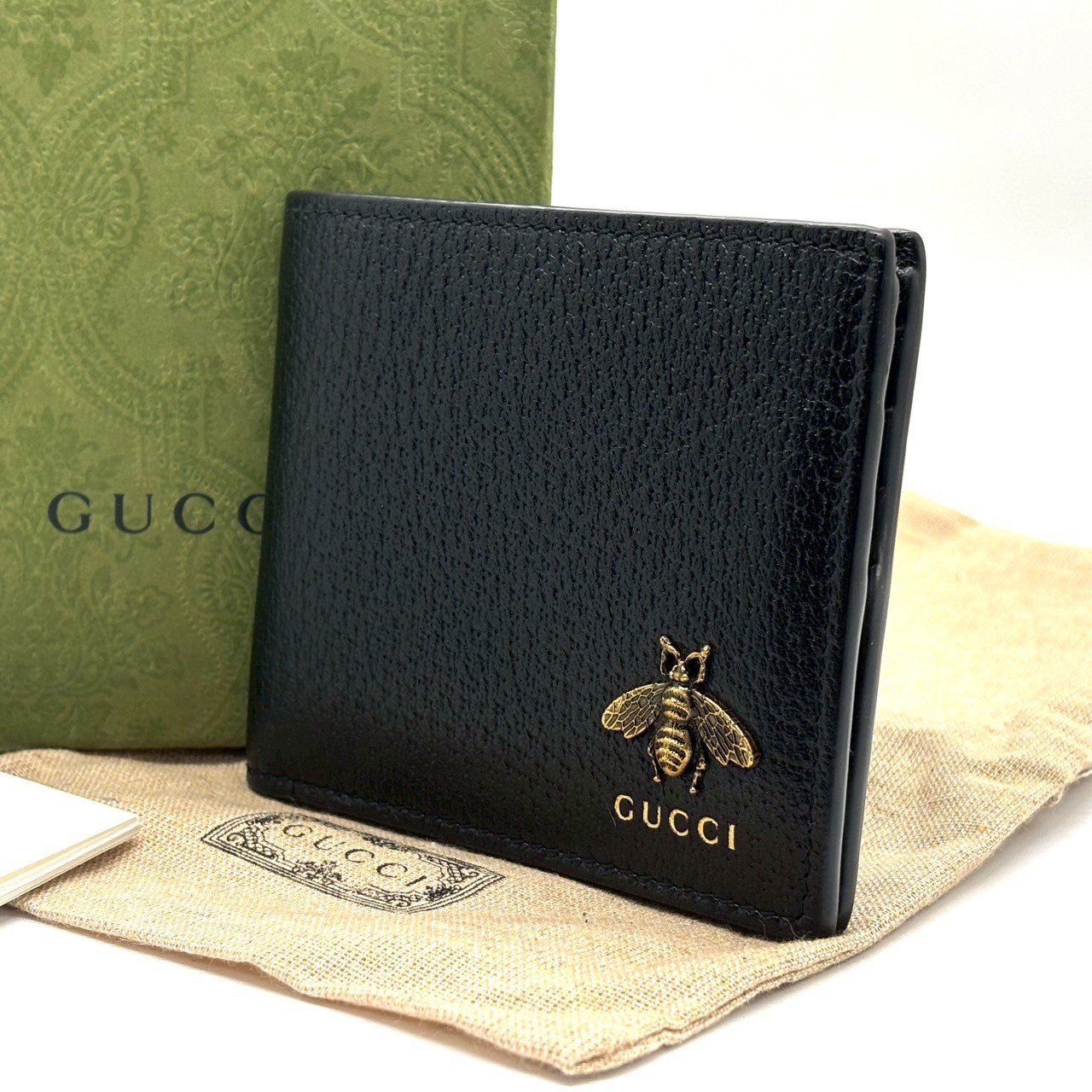 知性と成功を象る蜂 GUCCI グッチ 二つ折り財布 アニマリエ ビー レザー コンパクトウォレット メンズ ブラック