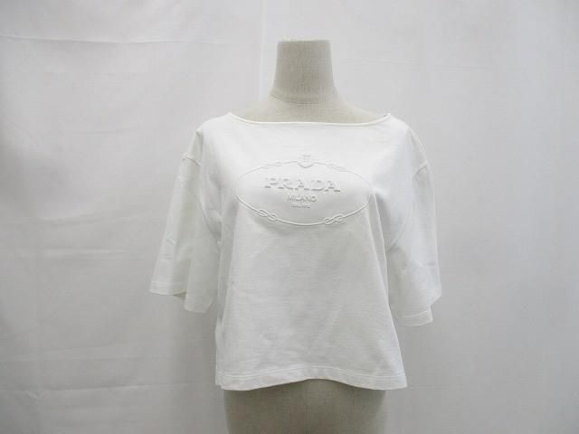 プラダ PRADA エンボスロゴTシャツ 半袖 クロップド丈 S ホワイト 白 レディース