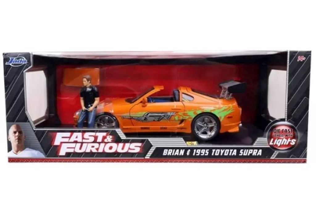 ミニカー 1 18 1995 トヨタ スープラ オレンジ ブライアン フィギュア付 ライト点灯 ワイルド スピード