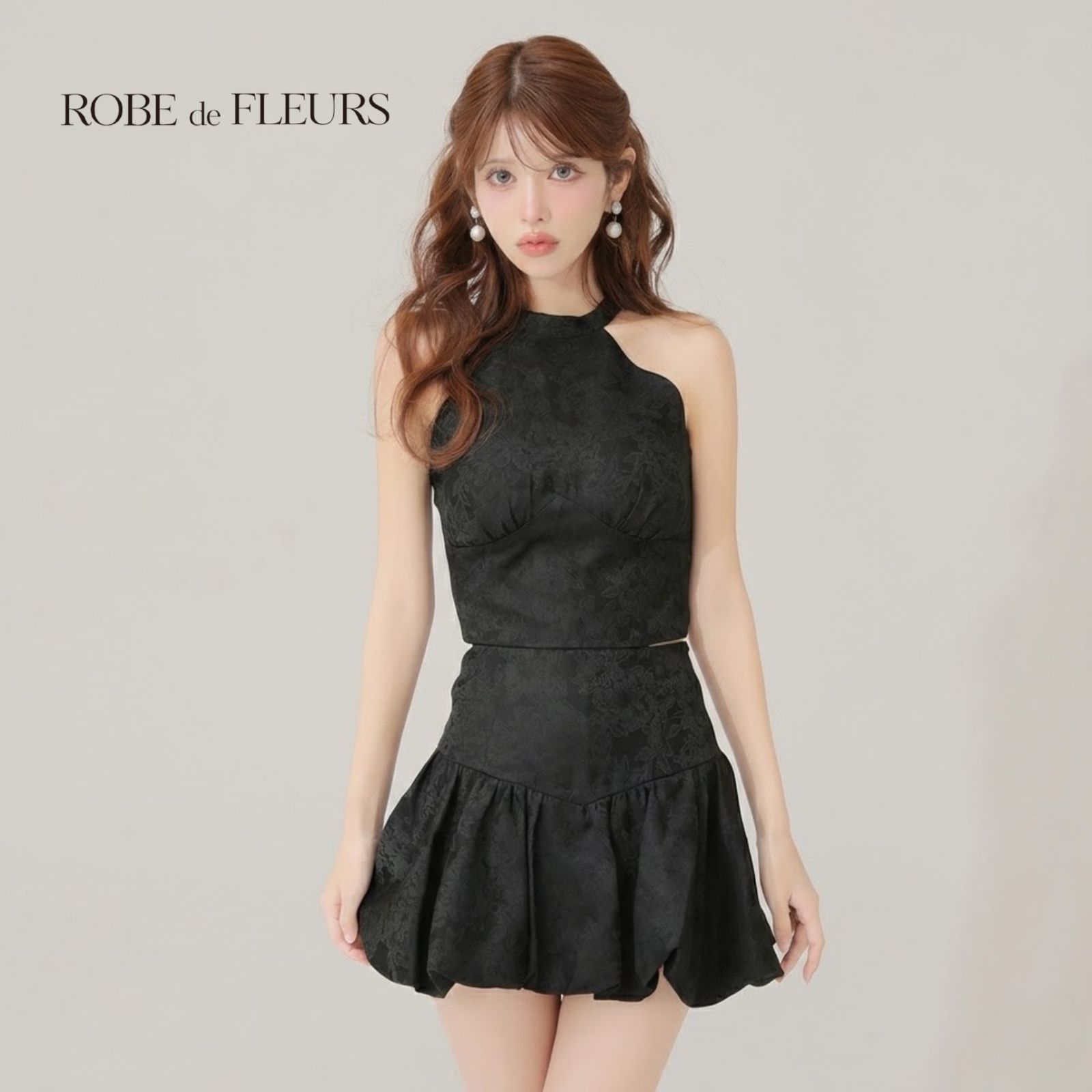 ROBE de FLEURS ローブドフルール fm 4624 ジャガードホルターネックフ ミニキャバドレス Black