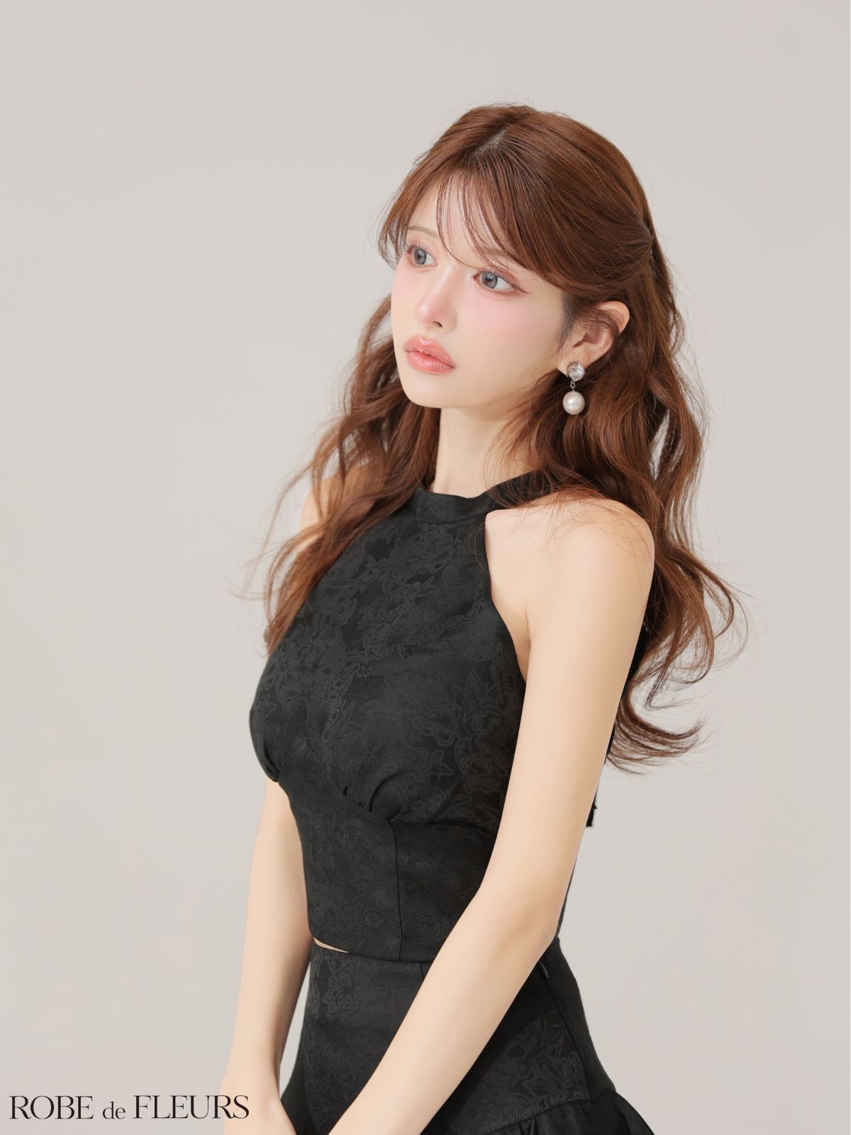 ROBE de FLEURS ローブドフルール fm 4624 ジャガードホルターネックフ ミニキャバドレス Black