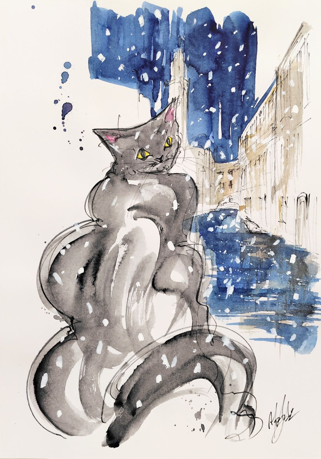 原画#3794 黒猫　ベネチア　水彩画　ドローイング　風景画　インテリア　アート 原画#48 黒猫 猫 雪 ベネチア イタリア 水彩画 ドローイング