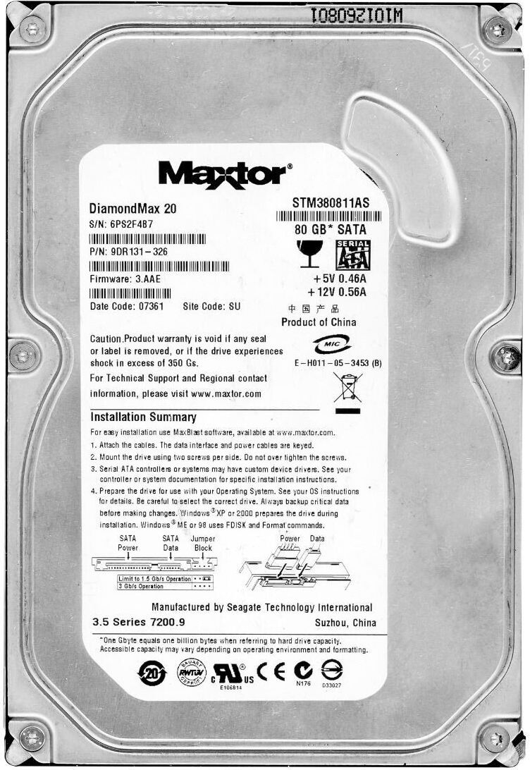 3年保証 Hard Drive MAXTOR 20 80 GB 7200 RPM 2 MB SATA II
