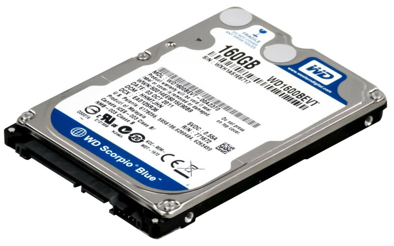 3年保証 Hard Drive WD Blue Scorpio 160 GB 5400 RPM SATA II 8 MB 2.5 I