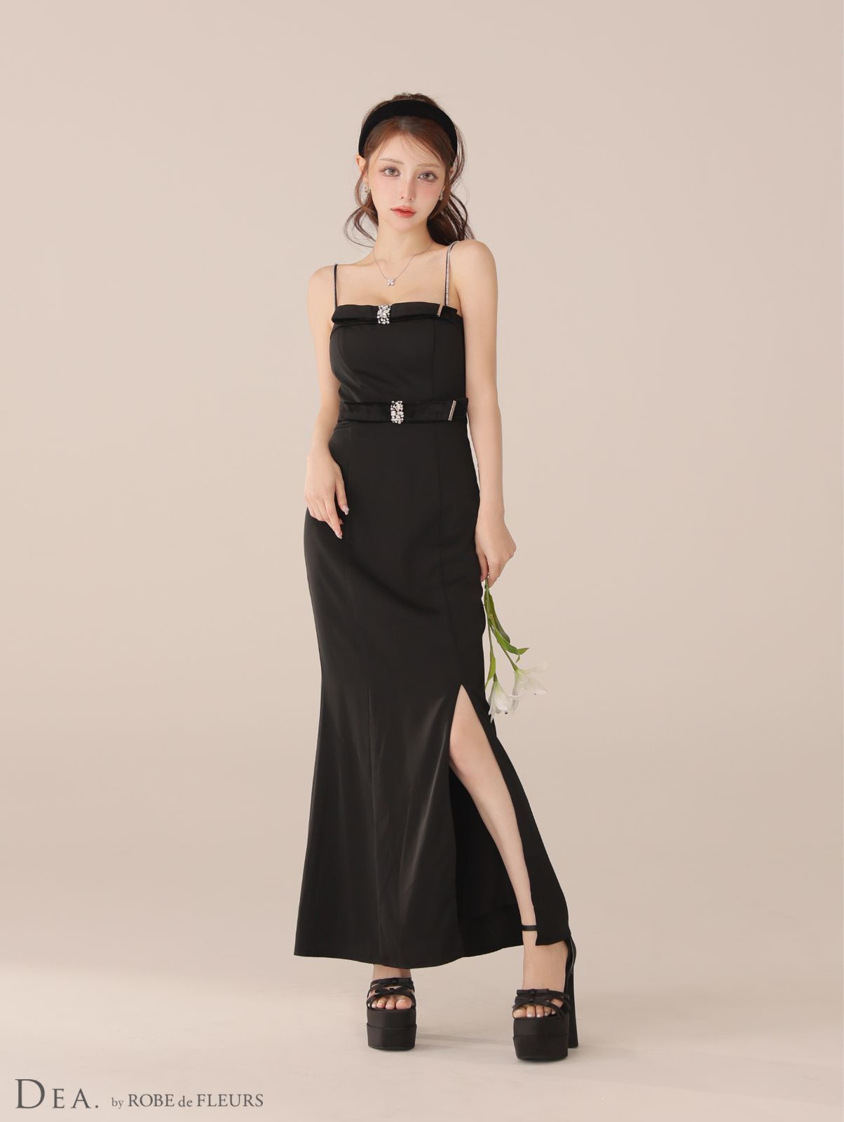 DEA. by ROBE de FLEURS ディアバイローブドフルール ロングドレス 4118 サテンベロアスリットロングキャミキャバドレス Black