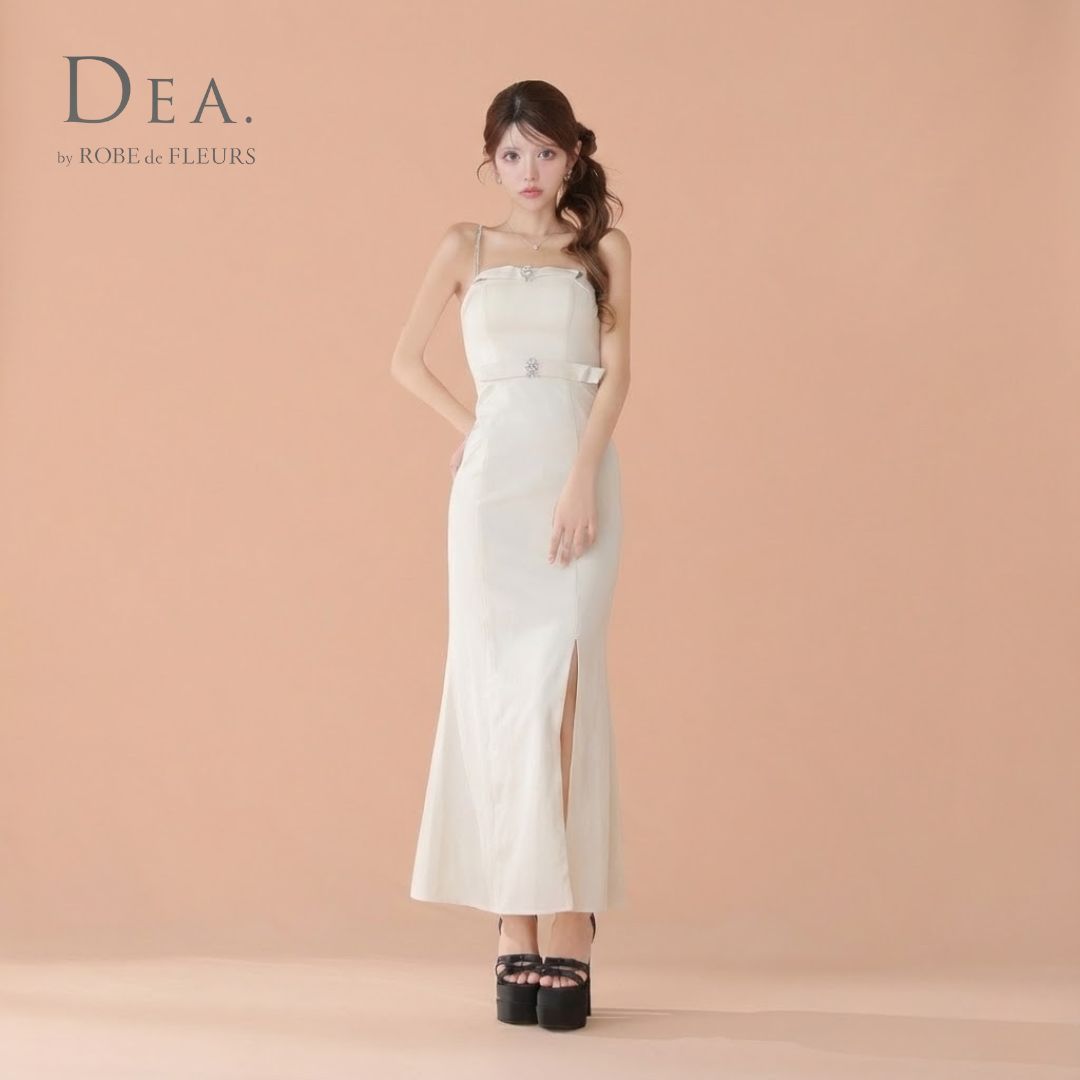 DEA by ROBE de FLEURS ディアバイローブドフルール ロングドレス 4118 サテンベロアスリットロングキャミキャバドレス Ivory