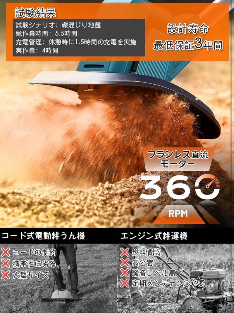 耕運機 充電式 家庭用 耕うん機 コードレス 18V バッテリー2個付 850W