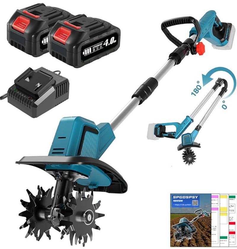 耕運機 充電式 家庭用 耕うん機 コードレス 18 V バッテリー 付 850 W 強力 ブラシレスモーター 小型 軽量 ミニ耕運機 カルチベーター 伸縮 折りたたみ 電動 ハンディ 耕幅255 mm 家庭菜園 畑 農業 花壇 土耕し 除草 日本語説明書 青
