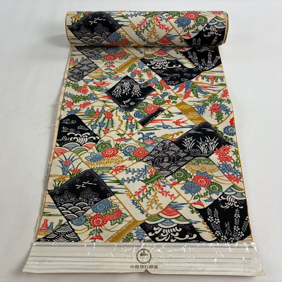 反物 秀品 小紋 花鳥 波頭 クリーム 正絹