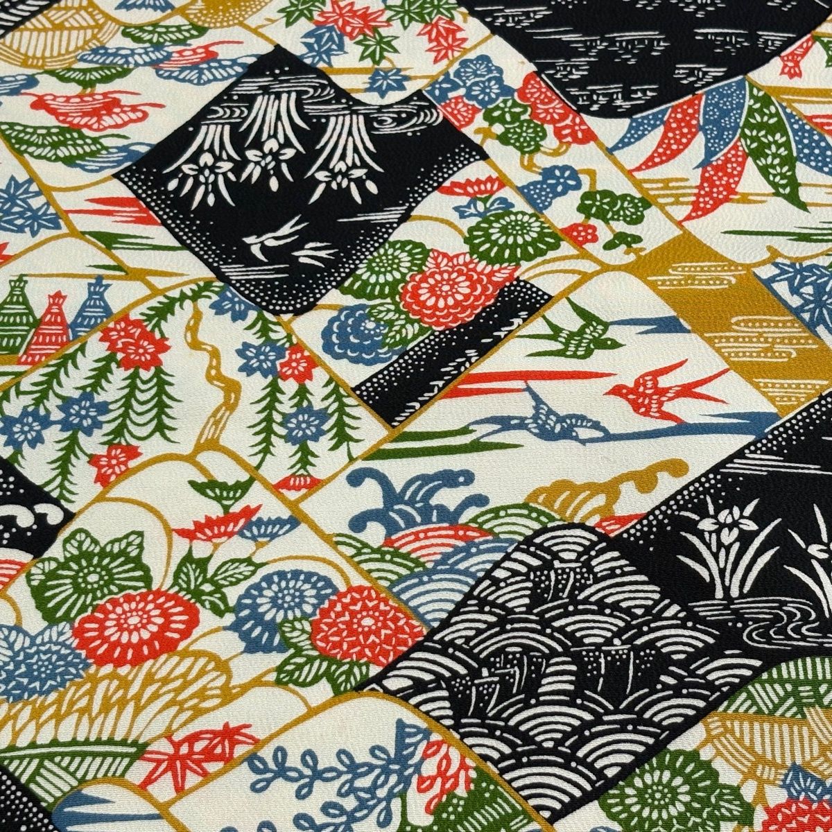反物 秀品 小紋 花鳥 波頭 クリーム 正絹