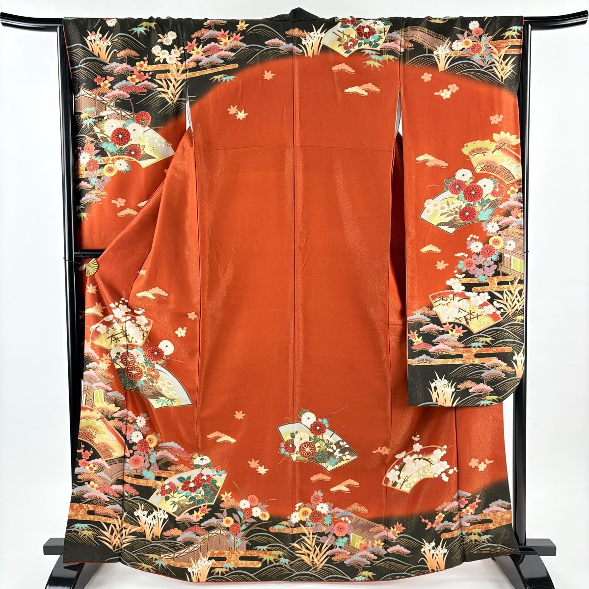 振袖 身丈167 cm 裄丈66 M 袷 扇面 松竹梅 金通し 金彩 赤茶 正絹