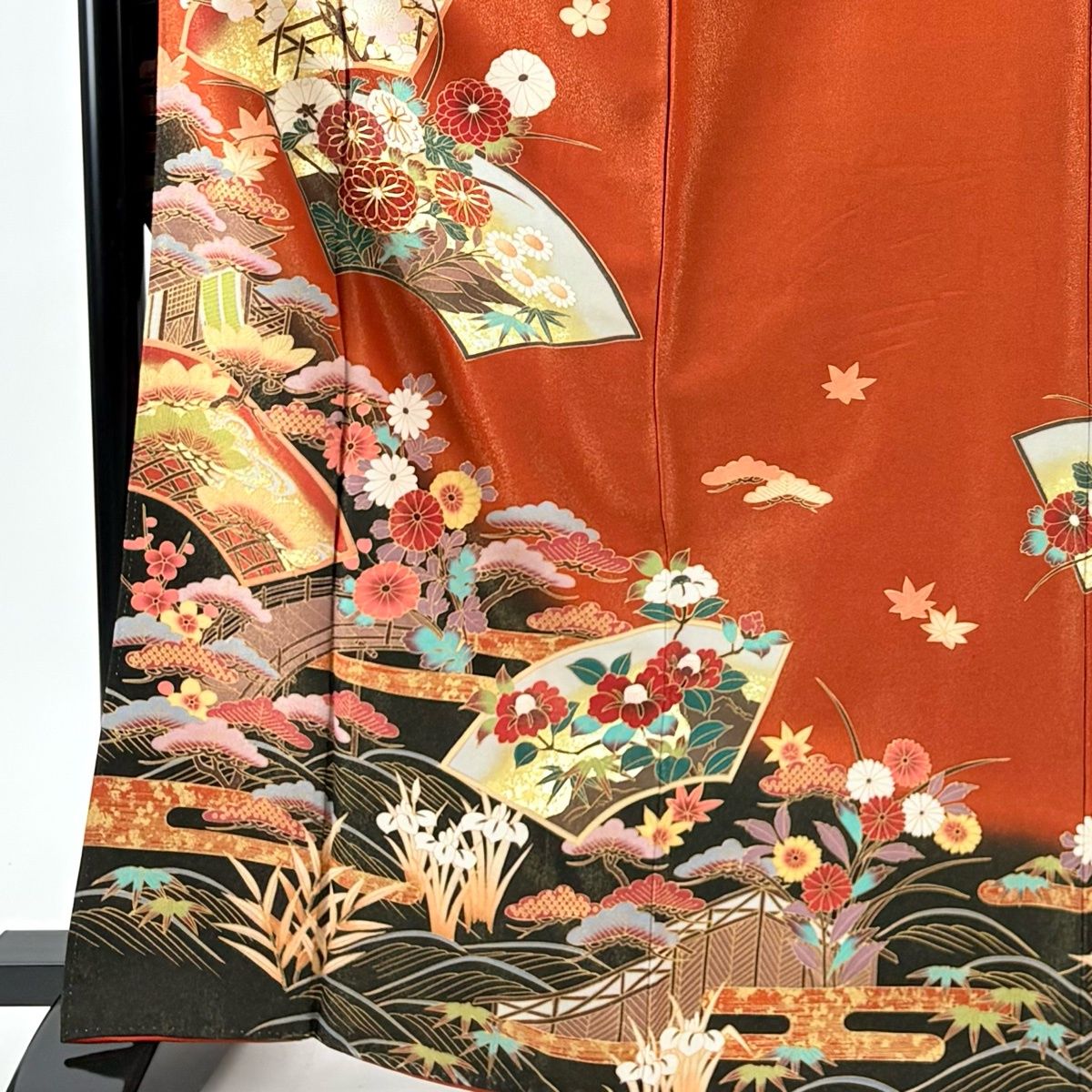 振袖 身丈167 cm 裄丈66 M 袷 扇面 松竹梅 金通し 金彩 赤茶 正絹