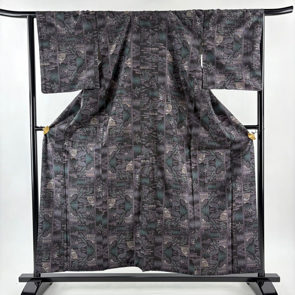 紬 身丈158 5 cm 裄丈65 M 袷 建物 樹木 墨色 正絹