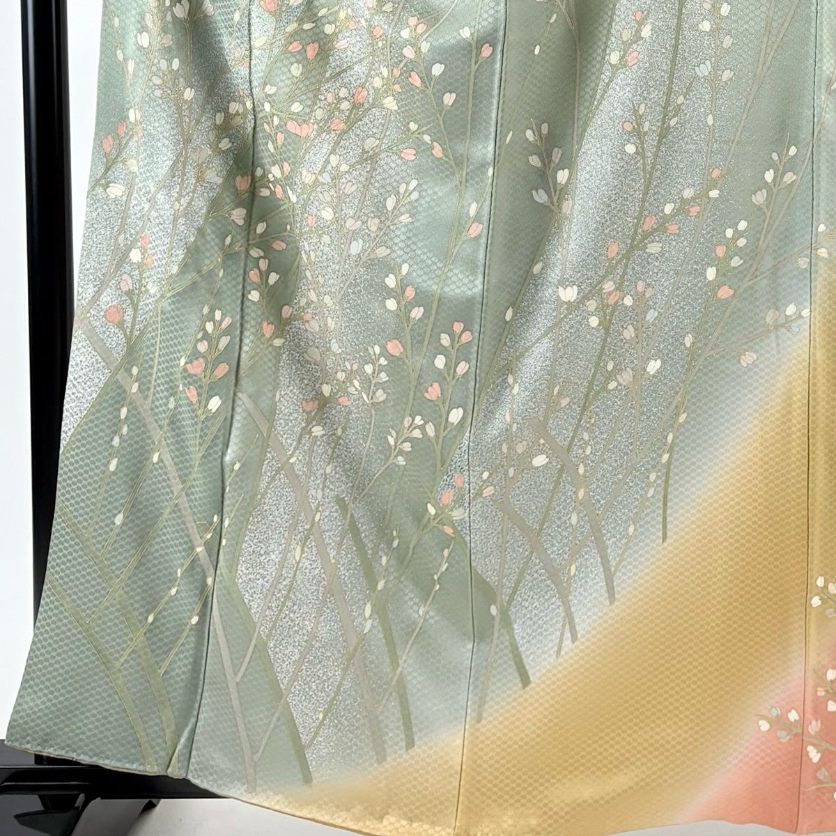 訪問着 身丈161.5 cm 裄丈65.5 M 袷 枝花 地紋 金彩 染め分け 灰緑 正絹