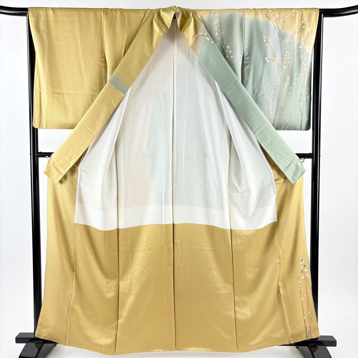  訪問着 身丈161.5 cm 裄丈65.5 M 袷 枝花 地紋 金彩 染め分け 灰緑 正絹 訪問着 付け下げ 着物