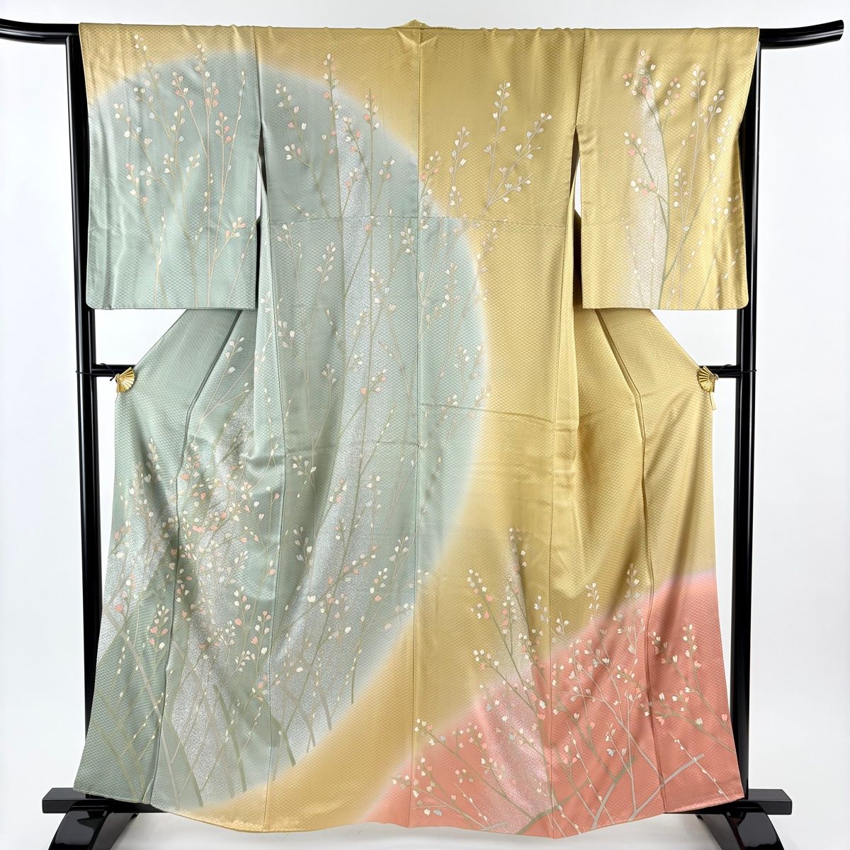 訪問着 身丈161.5 cm 裄丈65.5 M 袷 枝花 地紋 金彩 染め分け 灰緑 正絹