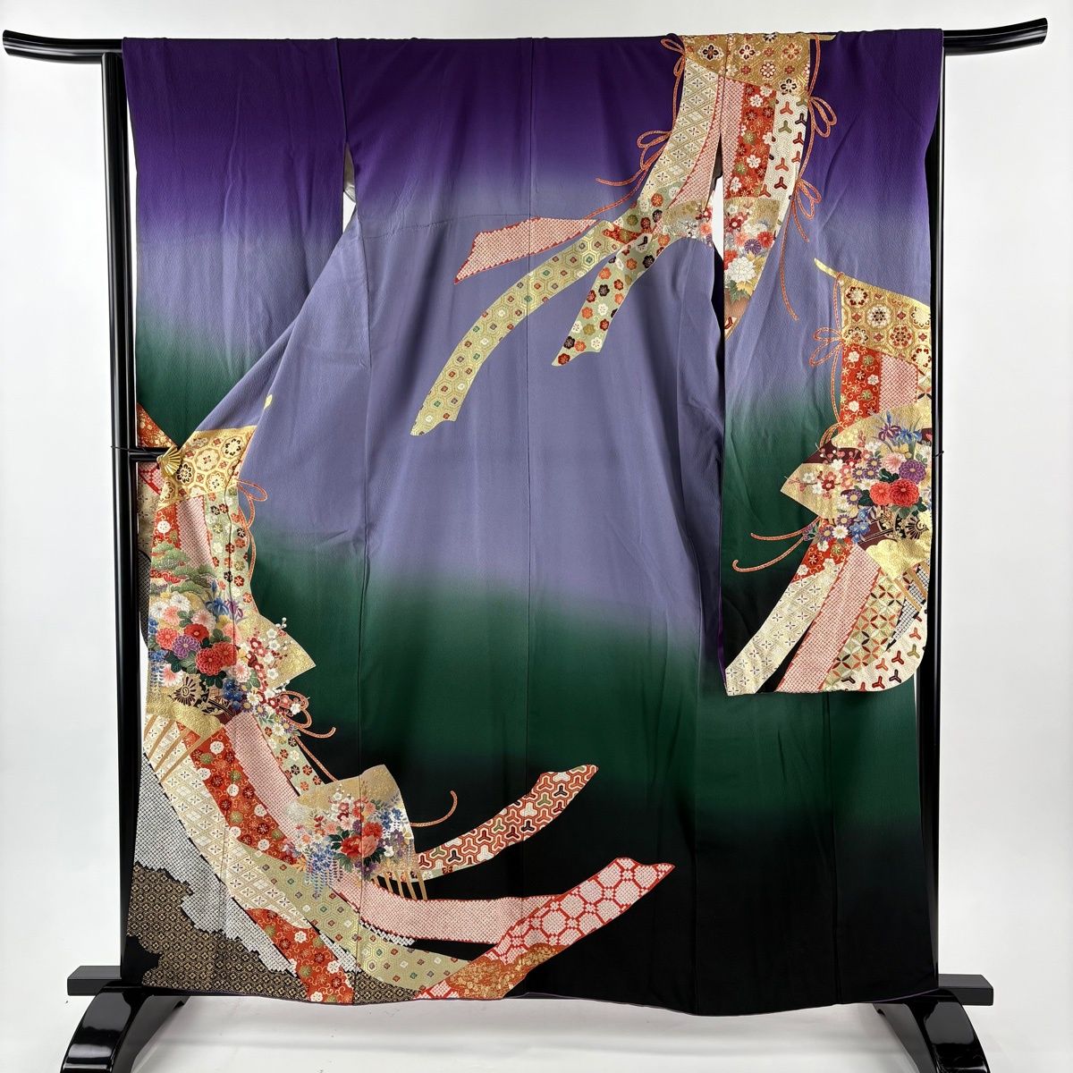 振袖 身丈160 cm 裄丈65 M 袷 几帳 花車 金銀彩 ぼかし 紫 正絹