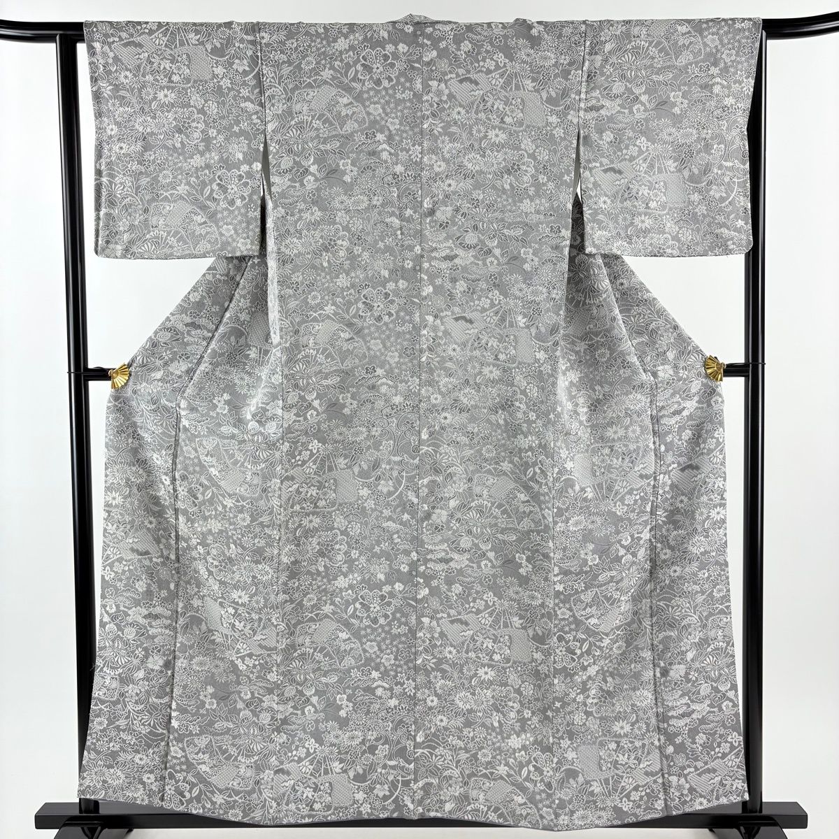 小紋 身丈157 5 cm 裄丈64 M 袷 紋意匠 扇 草花 灰色 正絹