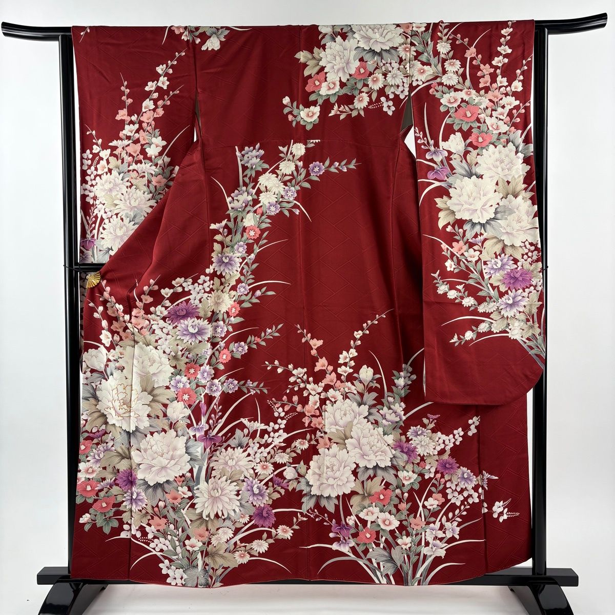 振袖 身丈159 5 cm 裄丈64 M 袷 牡丹 草花 金糸 金彩 えんじ色 正絹