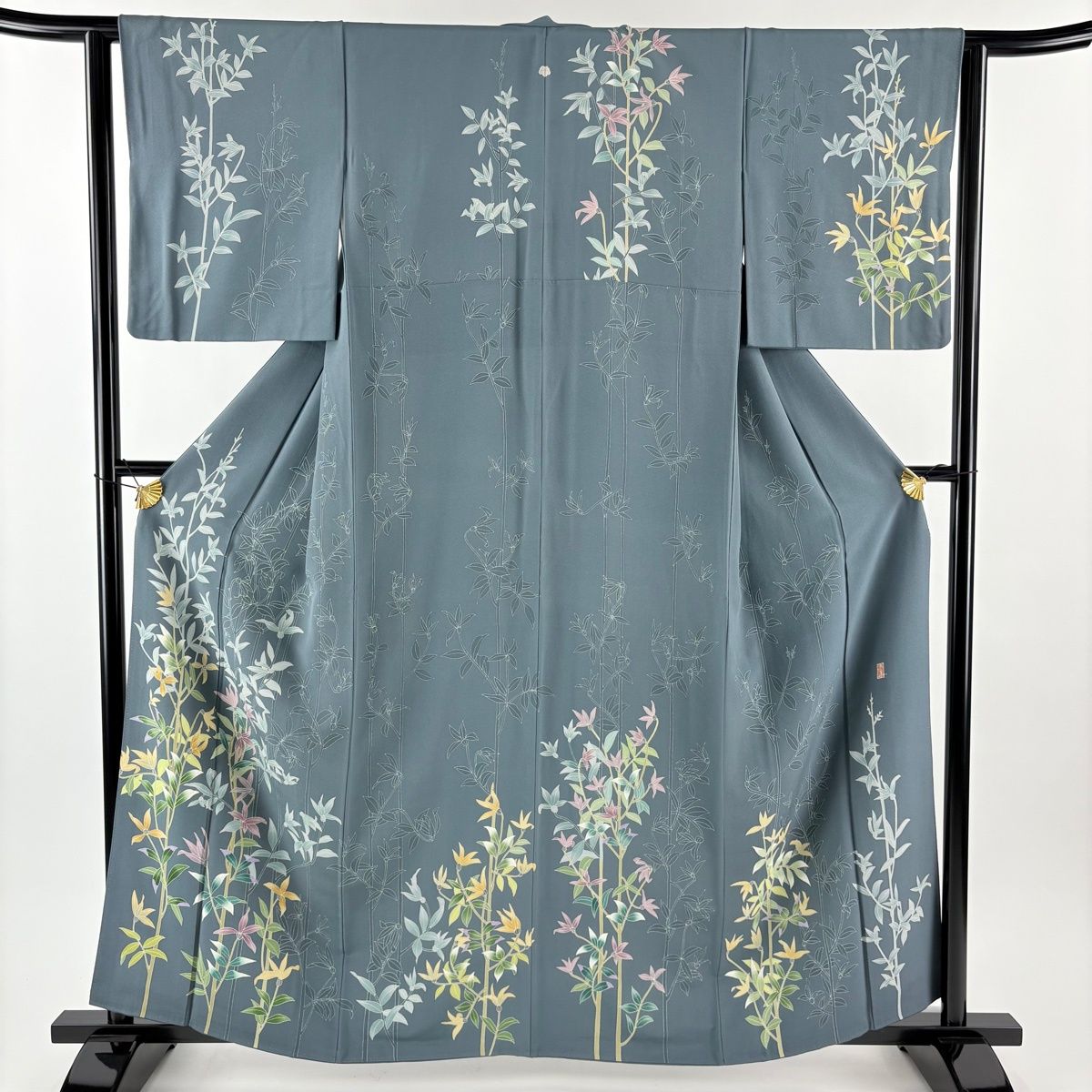 訪問着 身丈161 cm 裄丈62 S 袷 落款 草花 灰緑 正絹 一つ紋