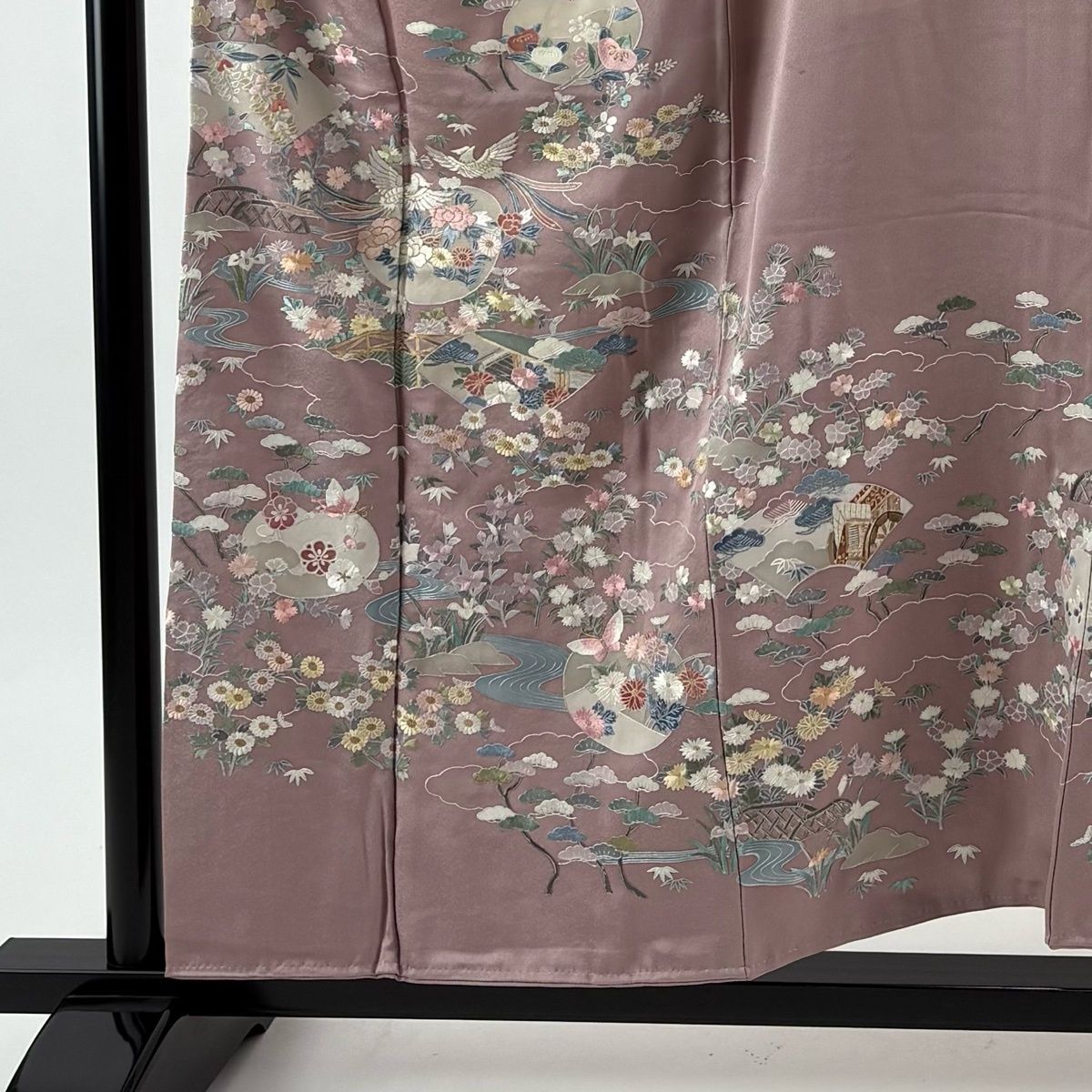 訪問着 身丈157.5 cm 裄丈64 M 袷 尾長鳥 草花 刺繍 金糸 薄紫 正絹