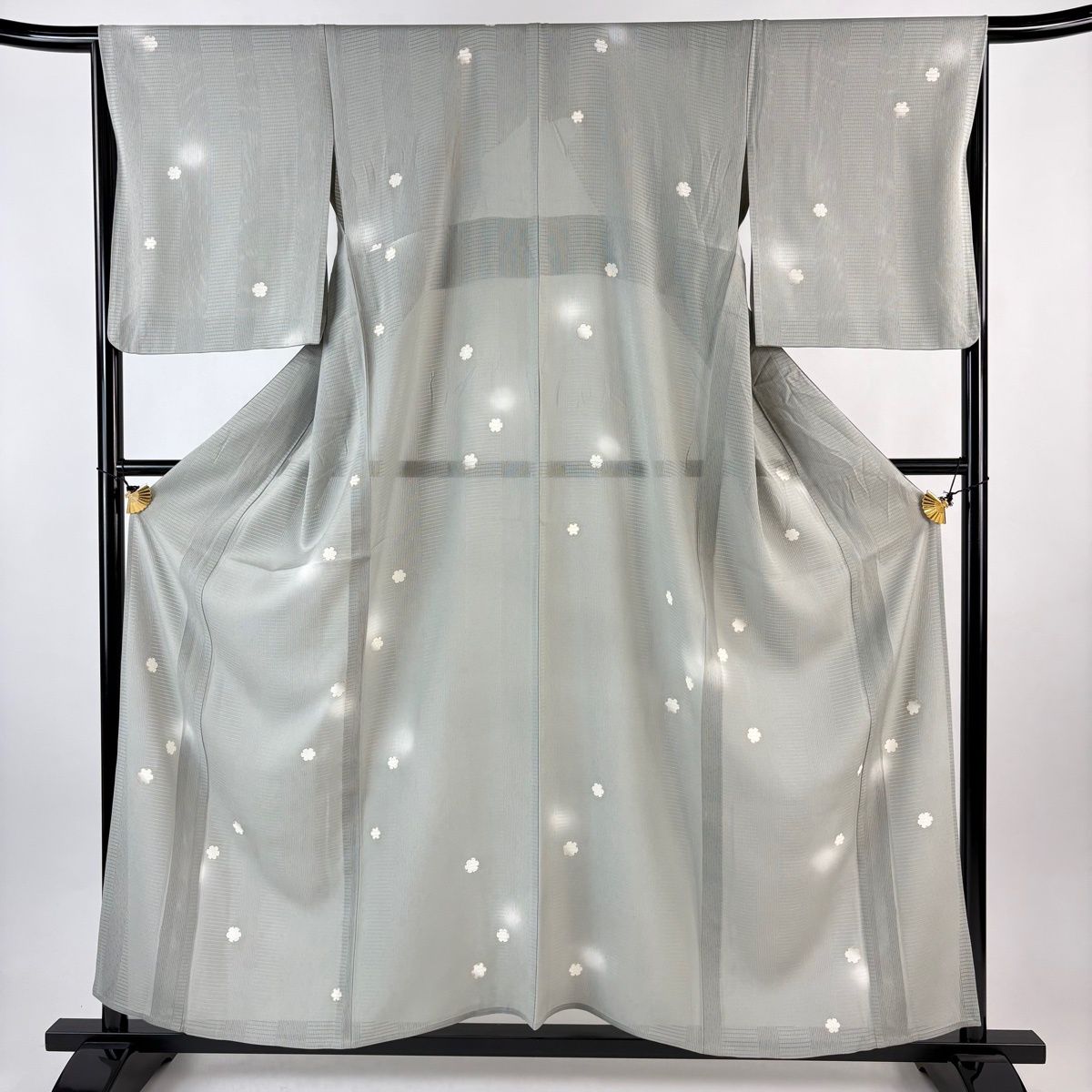 小紋 身丈157.5 cm 裄丈66.5 M 薄物 絽 雪輪 蛍ぼかし 金彩 灰緑 正絹 秀品