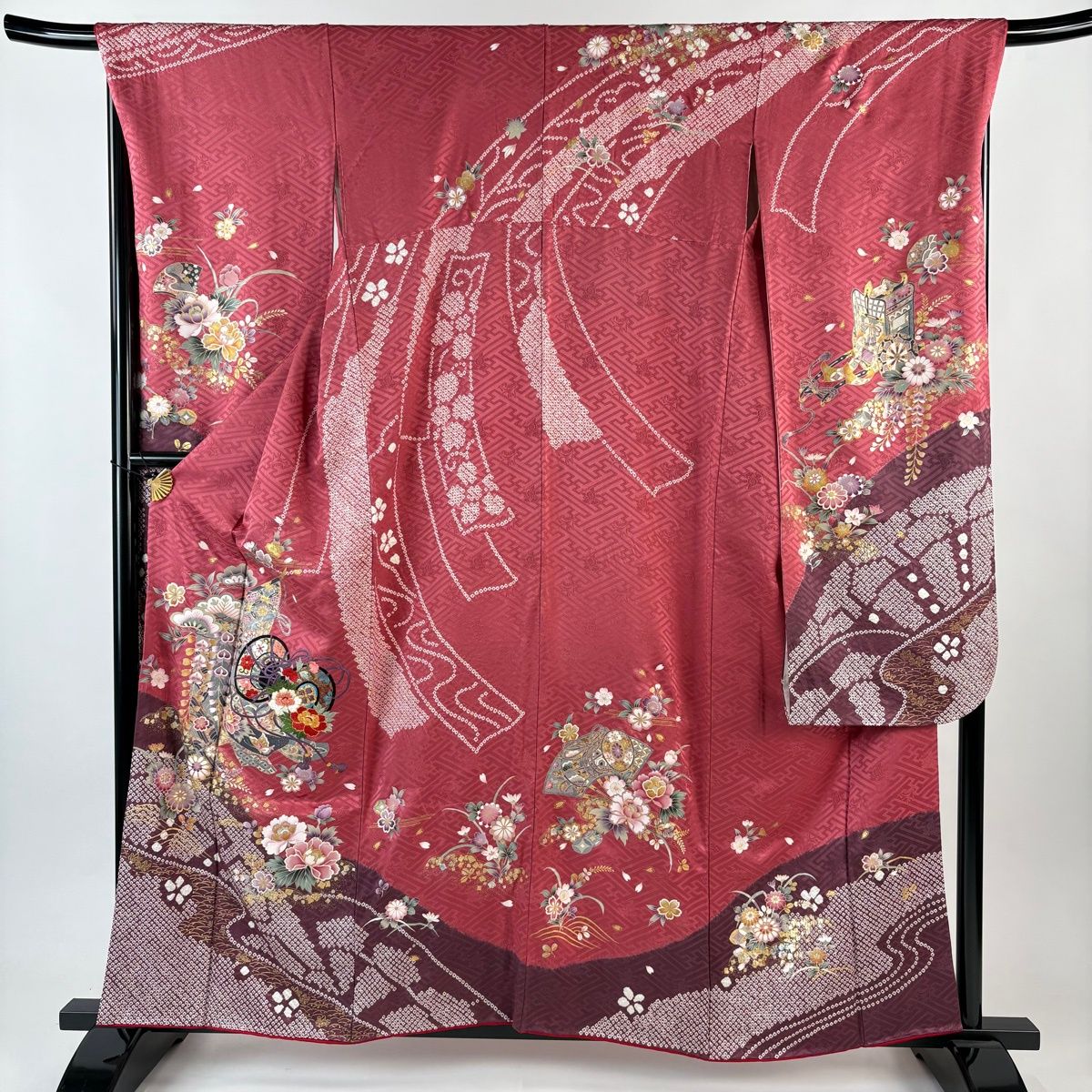 振袖 身丈158 cm 裄丈68 L 袷 鼓 几帳 刺繍 絞り 濃ピンク 正絹 秀品