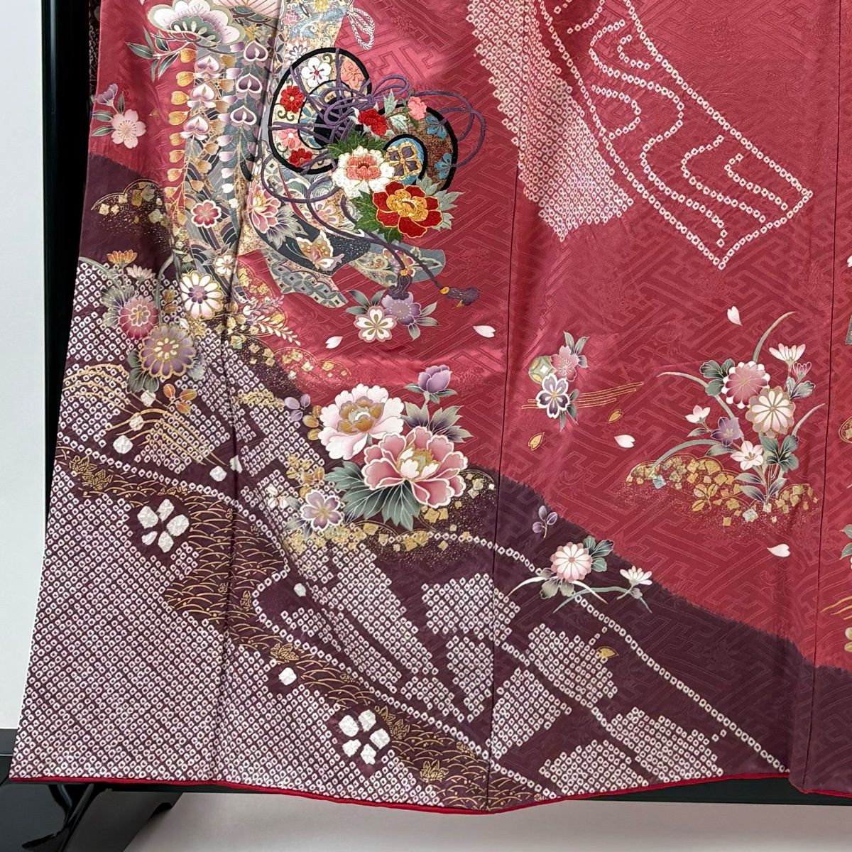 振袖 身丈158 cm 裄丈68 L 袷 鼓 几帳 刺繍 絞り 濃ピンク 正絹 秀品