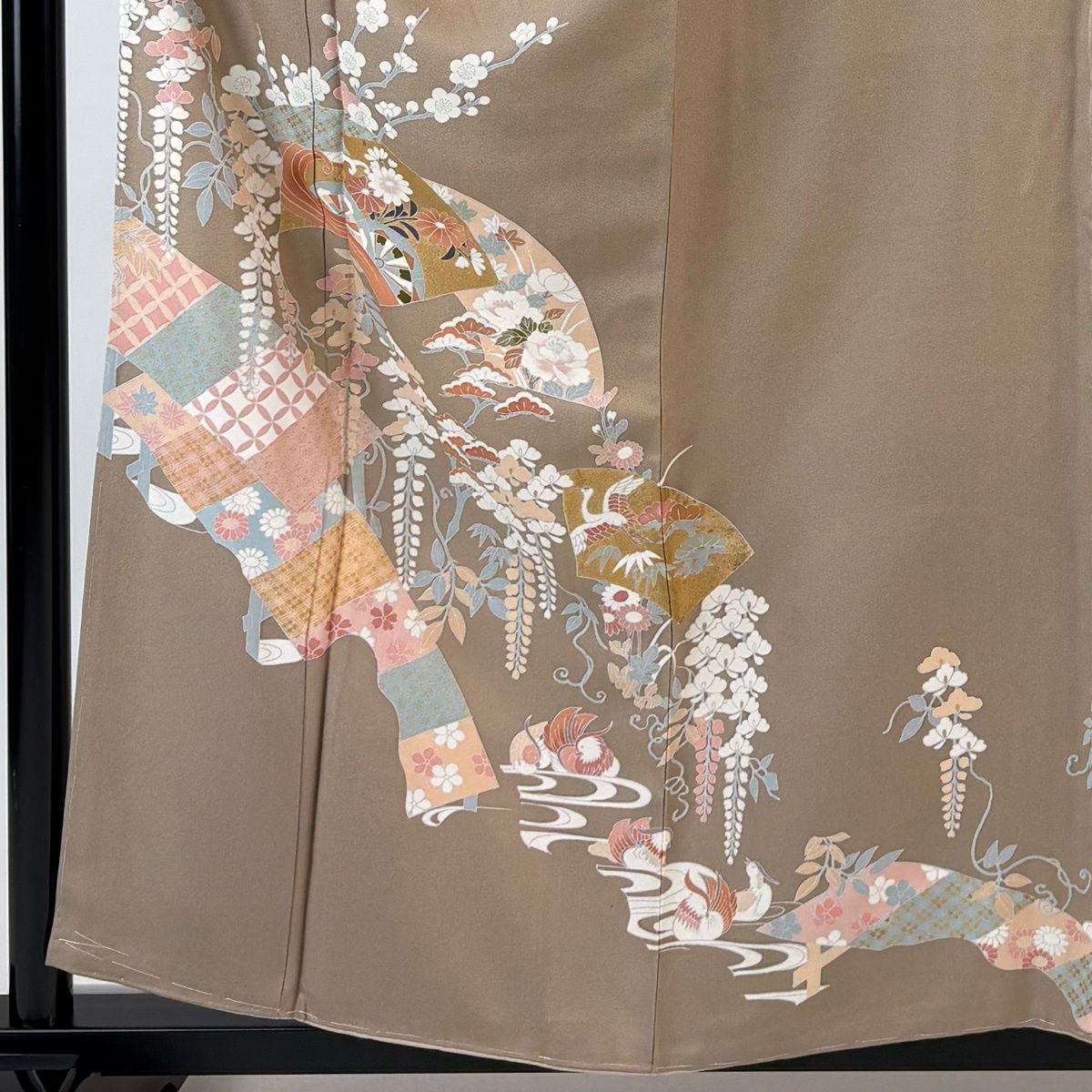 訪問着 身丈158 cm 裄丈63.5 S 袷 扇面 松竹梅 金彩 薄茶色 正絹 秀品