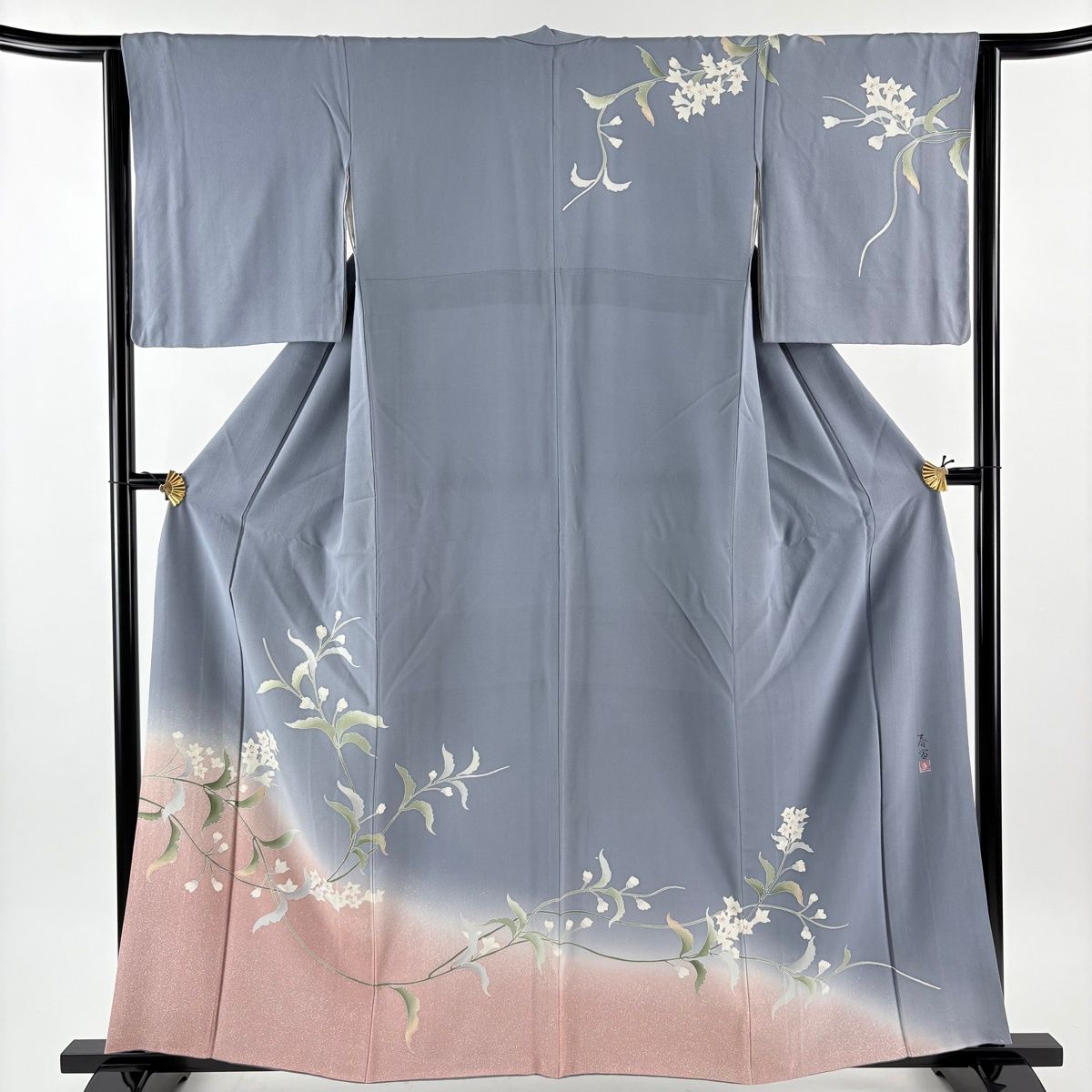 訪問着 身丈159 cm 裄丈64 M 袷 山科春宣 落款 草花 金彩 ぼかし 青灰色 正絹 秀品