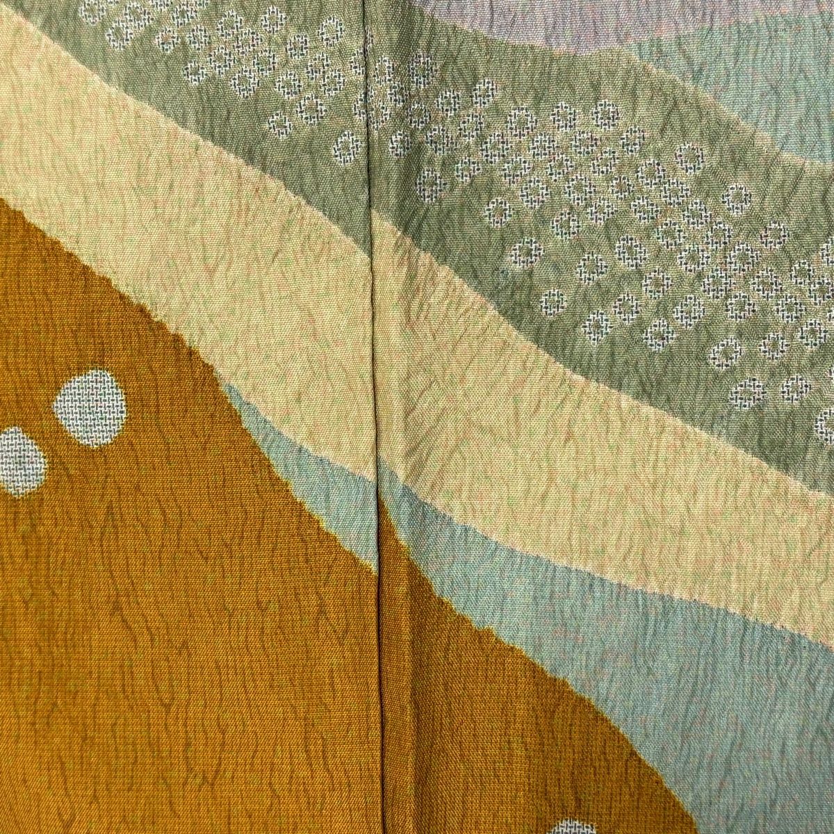  訪問着 身丈169 cm 裄丈68.5 L 袷 道長取り 幾何学 絞り 山吹茶色 正絹 秀品 訪問着 付け下げ 着物