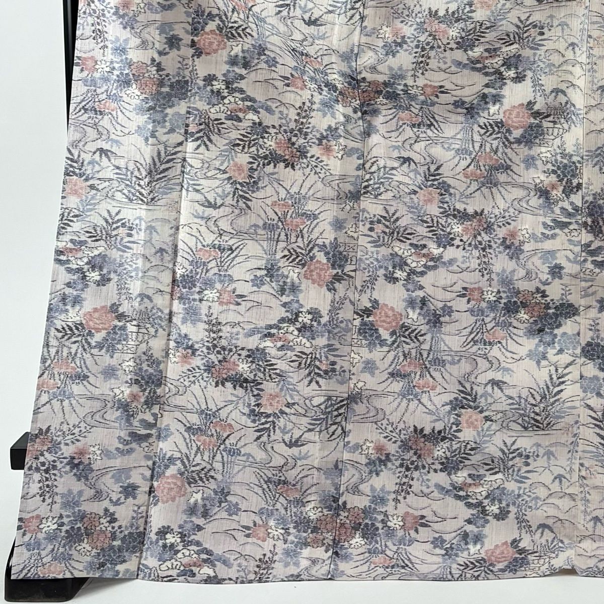 紬 身丈177 cm 裄丈69.5 L 単衣 小千谷紬 証紙 草花 流水 灰紫 正絹 秀品