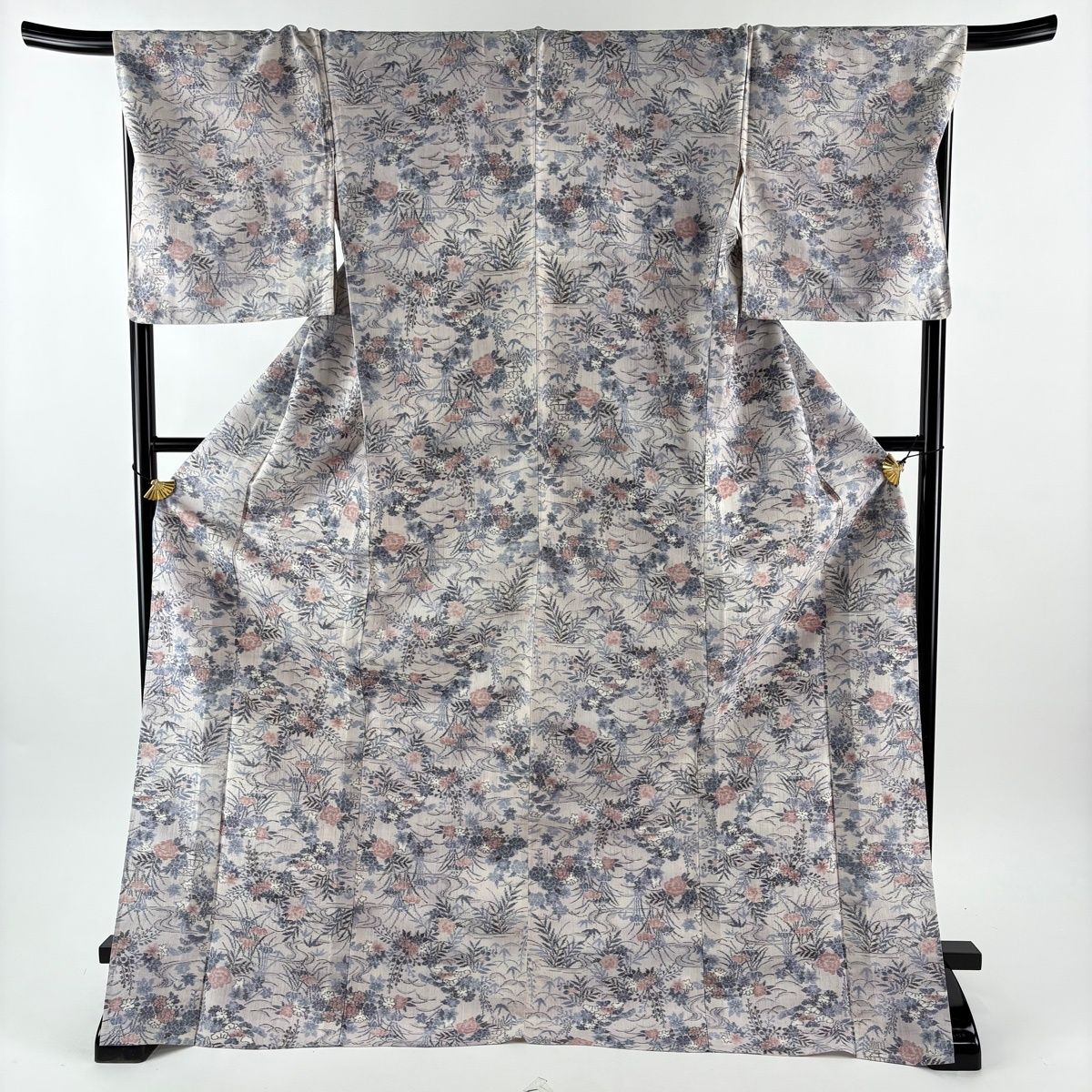 紬 身丈177 cm 裄丈69.5 L 単衣 小千谷紬 証紙 草花 流水 灰紫 正絹 秀品